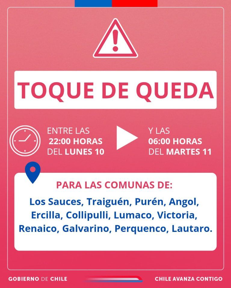 Se extiende para hoy Lunes y madrugada de martes el toque de queda