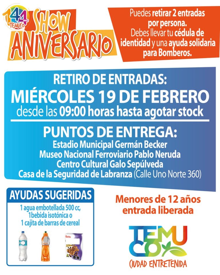 Temuco comienza la entrega de entradas para el Show Aniversario de este Domingo a cambio de aportes para Bomberos