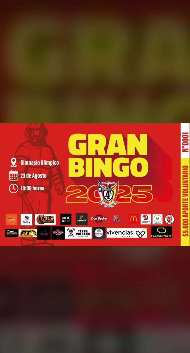 Cuarta Compañía de Bomberos “Bomba España” de Temuco realizará bingo solidario para recaudar fondos